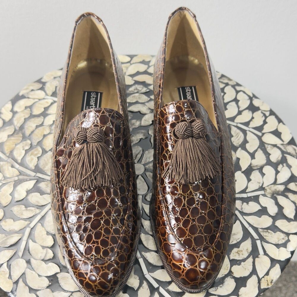 Stuart Weitzman Croc-Embossed Brown Loafers